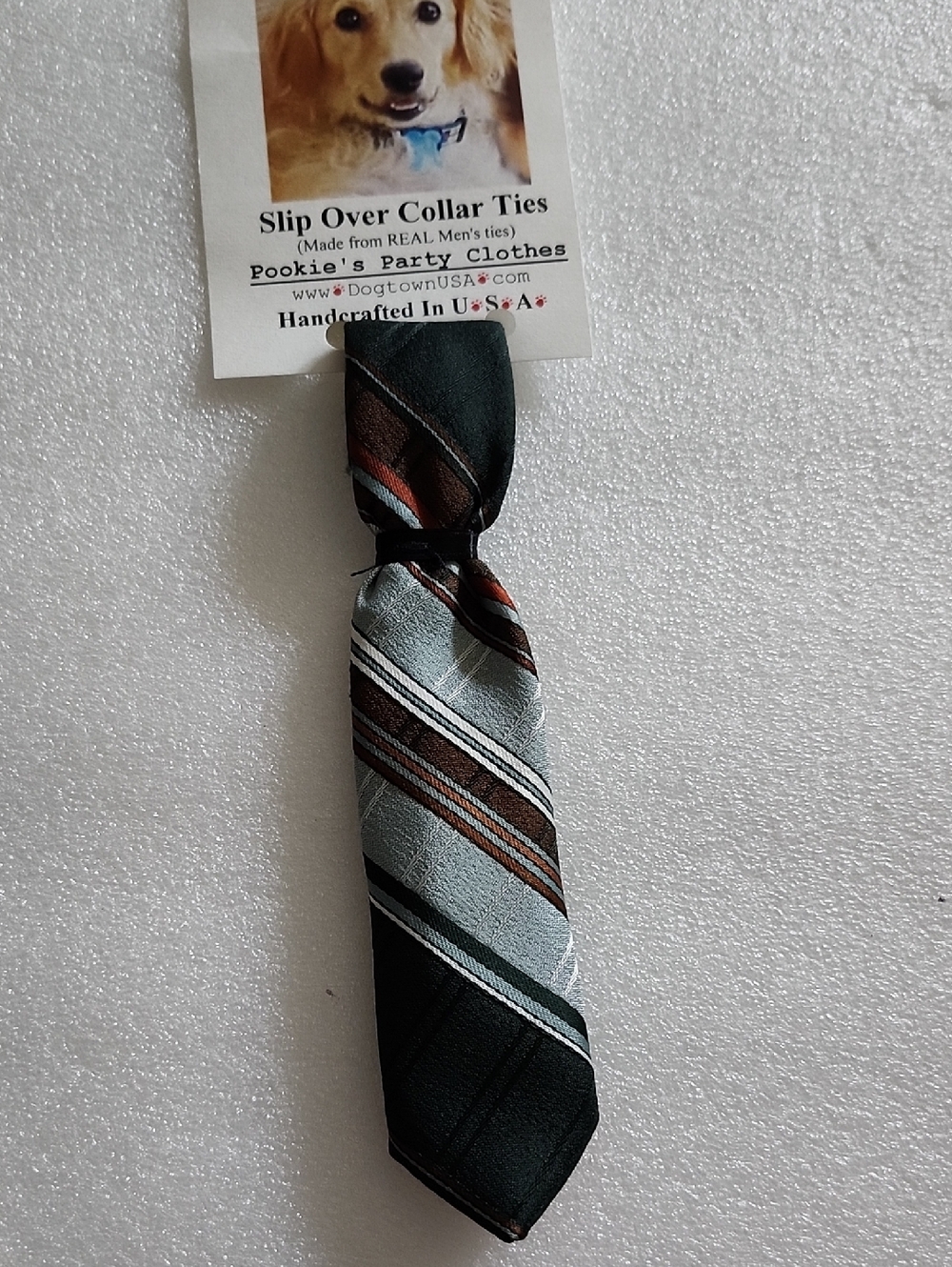 Hand Crafted Dark Green, Silver & Brown Slip Over Dog Collar Tie